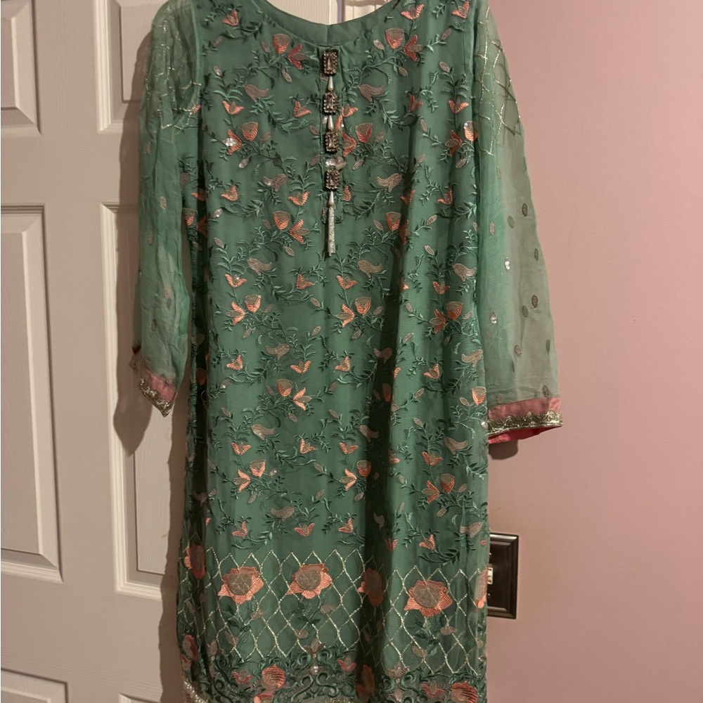 Elegant Green Floral Embroidered Dress